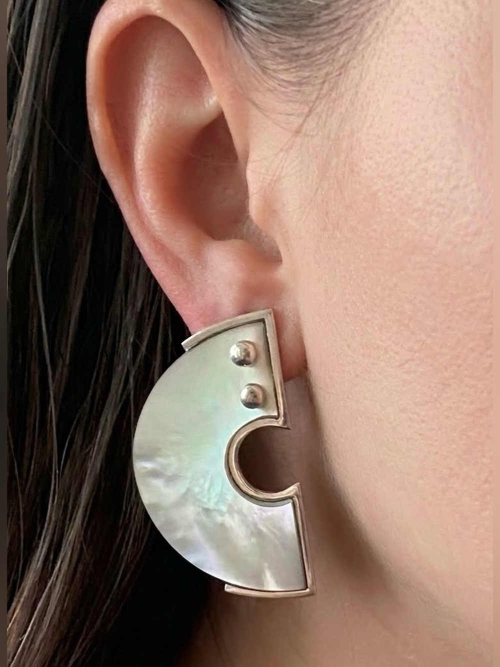 Vintage Zealandia Sterling Silver Geometric Mother of Pearl Modernist Earrings